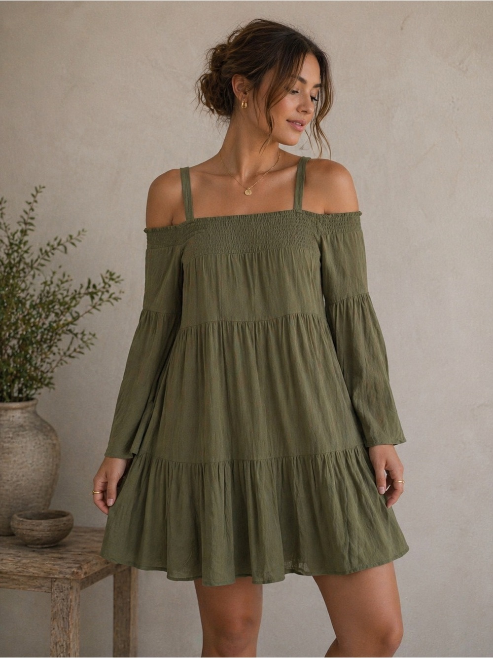 Doe & Rae Mini Dress Womens 10 Olive Green Rayon Bell Sleeve Cottagecore NWT